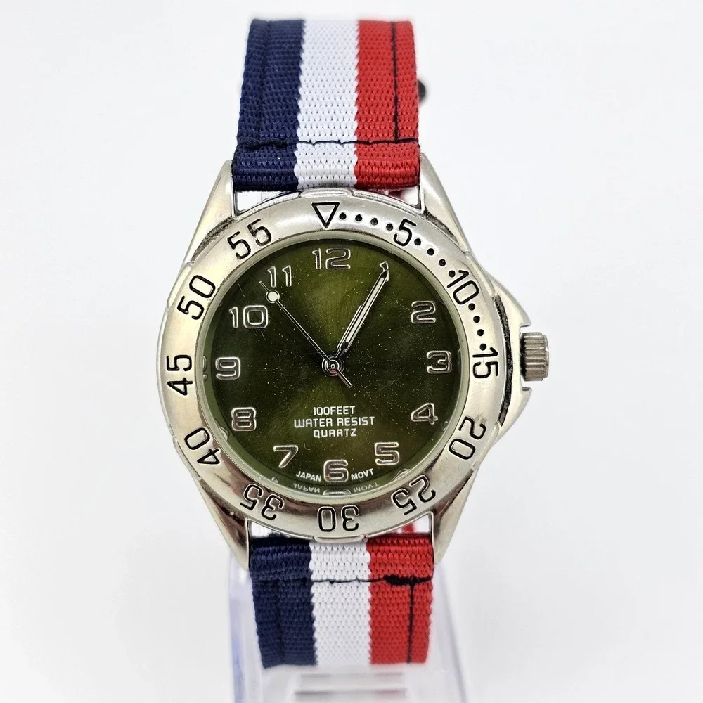 Men's‎ Analog Watch 38MM Green Dial NEW Multicolor Nylon Bands NEW Battery